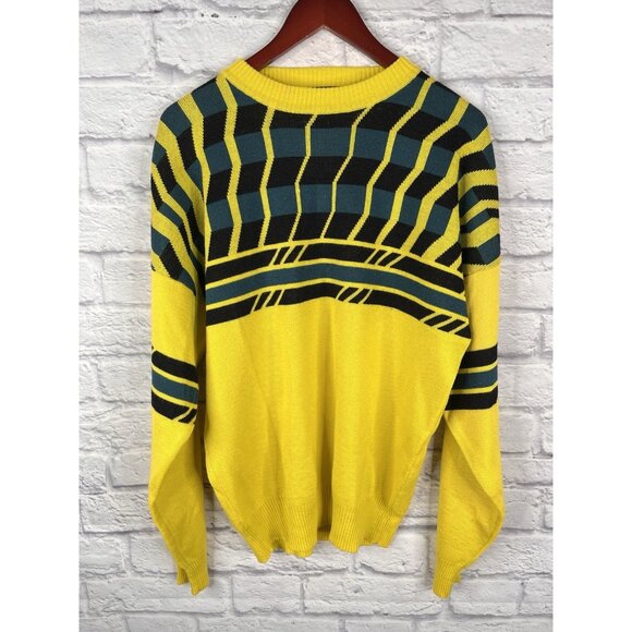 Tyrolia By Head Other - TYROLIA SPORTSWEAR Men's Vintage Yellow Abstract Design Crew Neck Sweater Large